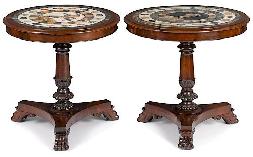 Pair of Italian mahogany center tables with mosaic tops, ca. 1830, the first with a classical figu