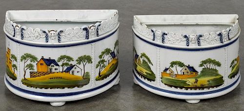 Pair of pearlware demilune bough pots, early 19th c., with polychrome landscape decoration, 5 1/2''