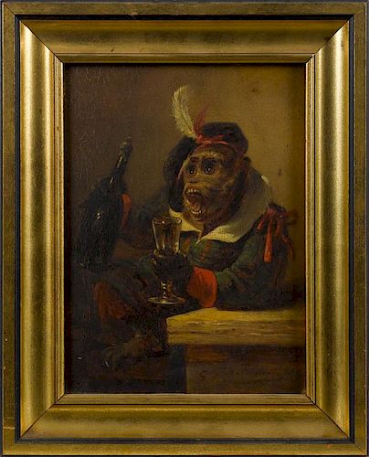Zacharias Notermann (German 1820-1890), oil on panel of a monkey with a bottle of wine, signed low