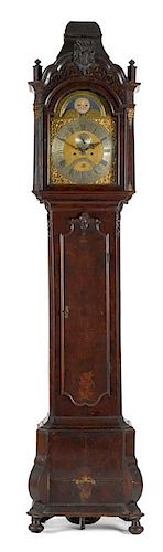 Dutch burl veneer tall case clock, 18th c., the eight day movement with brass face, signed HP Kar