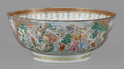 Large Chinese export porcelain mandarin palette punch bowl, early 19th c., 6 1/4'' h., 15'' w.