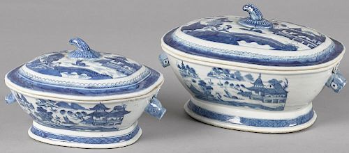 Two Chinese export porcelain Canton tureens, 19th c., 6 1/2'' h., 10 1/2'' w. and 7 1/2'' h., 13'' w.