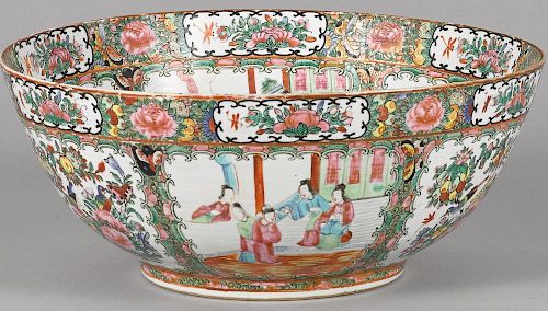 Chinese export porcelain rose medallion punch bowl, 19th c., 7'' h., 16'' dia.