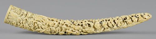 Chinese carved ivory tusk, 19th c., with figural decoration, 15 3/4'' l.