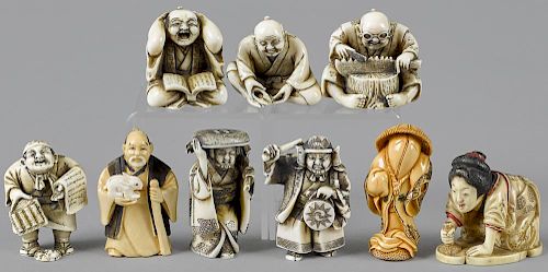 Nine Japanese Meiji period carved ivory netsukes.