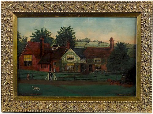 Primitive oil on wood panel landscape, titled The Weald Seven Oaks, Infant School, signed T, W,