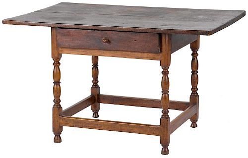 New England pine tavern table, late 18th, with a single drawer and stretcher base, 25 1/2'' h., 43