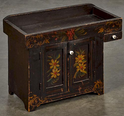Pennsylvania painted pine child's drysink, 19th c., retaining its original floral decoration on a