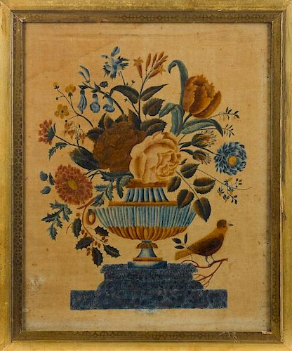 New England oil on velvet theorem of a flower and bird urn, depicting the four seasons of flowers,