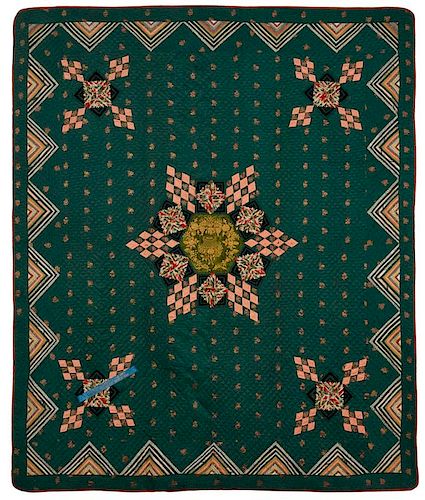 1909 Tennessee State Fair 1st Prize quilt, silk and velvet star variant with triangle outer border