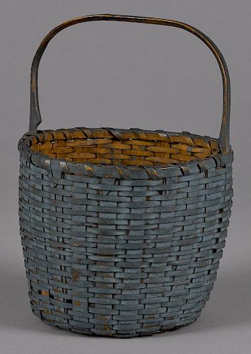 New England painted splint gathering basket, 19th c., with a fixed handle, retaining an old dry bl