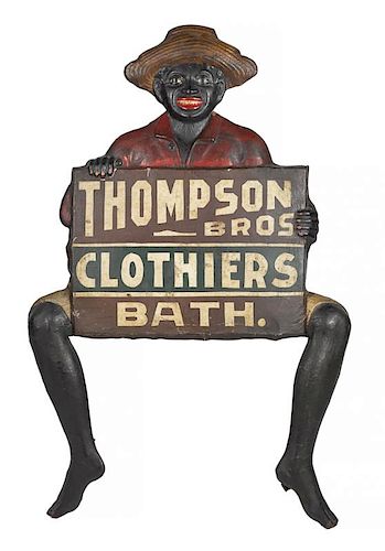 Black Americana painted tin advertising sign for Thompson Bros. Clothiers Bath., 55'' x 34 1/2''