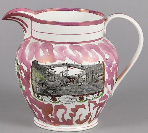 Large Sunderland pink lustre pitcher, 19th c., depicting the Iron Bridge, the reverse with an ode