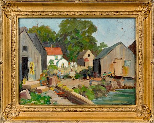 Richard Evett Bishop (American 1887-1975), oil on board titled Rockport Maine, signed lower righ