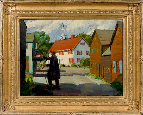 Richard Evett Bishop (American 1887-1975), oil on board titled The Artist in Rockport Massachuset