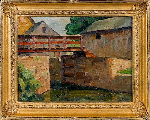 Richard Evett Bishop (American 1887-1975), oil on board titled Canal New Hope, Pa, signed lower