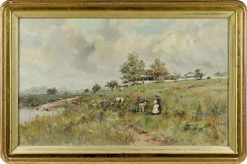 Frank F. English (American 1855-1922), oil on canvas landscape with figures and a farmhouse, title