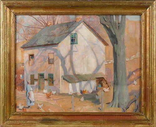 Mildred Miller (American 1892-1964), oil on canvas figure in front of farmhouse, signed lower righ