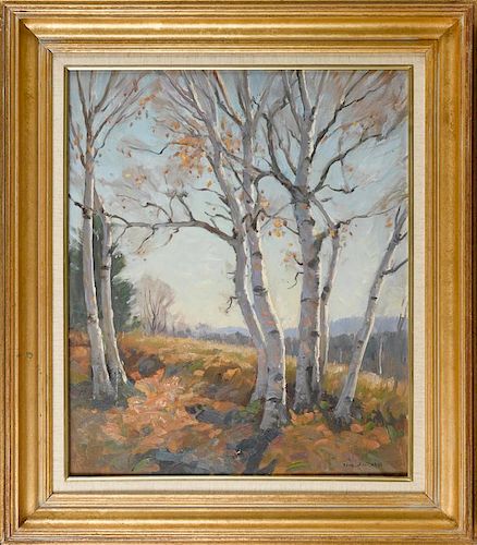 Thomas John Mitchell (American 1875-1940), oil on board landscape with birch trees, signed lower r