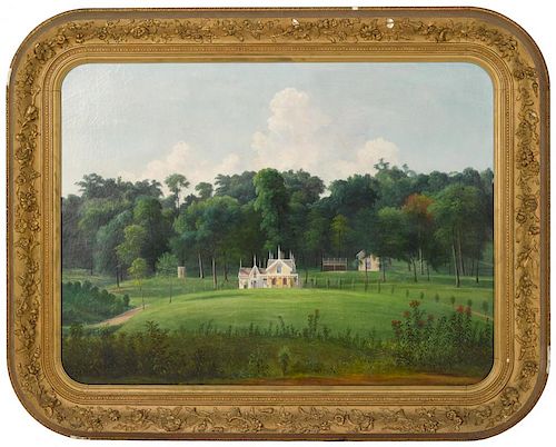 Godfrey Nicholas Frankenstein (American 1820-1873), oil on canvas landscape with gothic house, sig