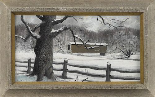Barclay Rubincam (American 1920-1978), pastel winter landscape with a covered bridge, signed lower