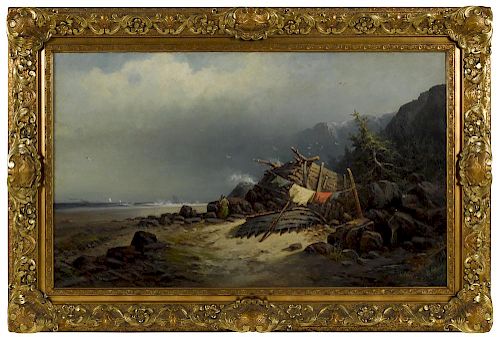 William H. Weisman (American 1840-1922), oil on canvas coastal scene with shipwreck, signed lower