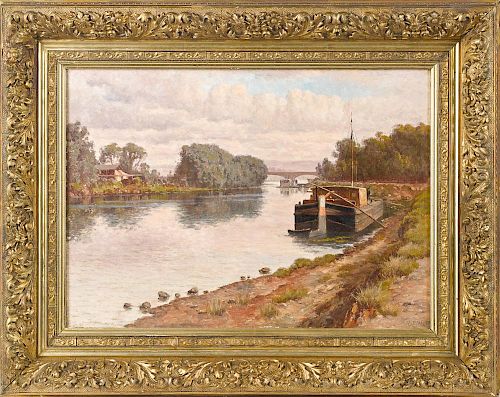 William Baptiste Baird (American/French 1847-1917), oil on canvas river scene, signed lower right,
