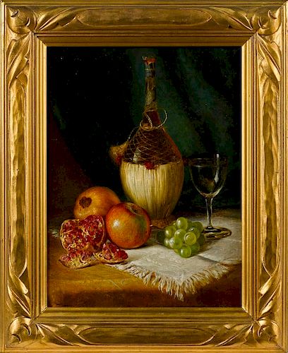 August Laux (American/German 1847-1921), oil on canvas still life with wine and fruit, signed lowe