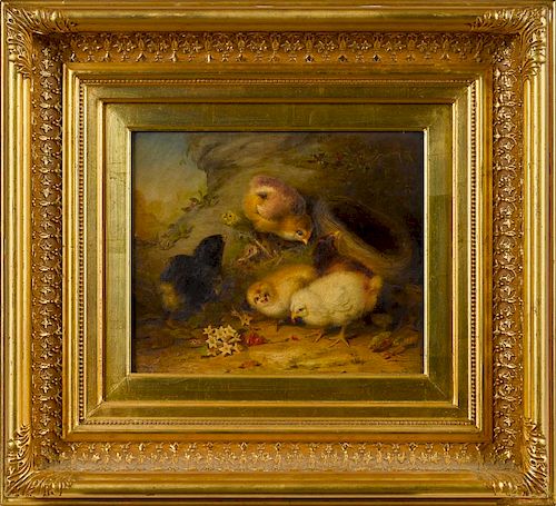 Attributed to Mary Russell Smith (American 1842-1878), oil on canvas of five chicks and a nest, 10