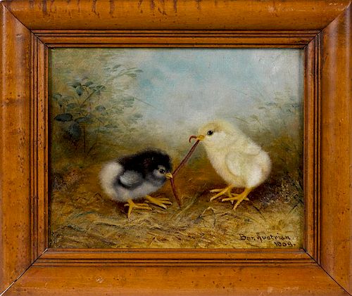 Ben Austrian (American 1870-1921) oil on canvas of two chicks with a worm, signed lower right and