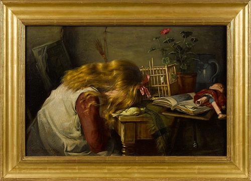 Harry Roseland (American 1868-1950), oil on canvas of a girl grieving over her dead canary, signed