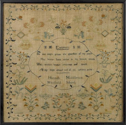 Quaker New Jersey silk on linen sampler, early 19th c., wrought by Hannah Middleton at the Westfie