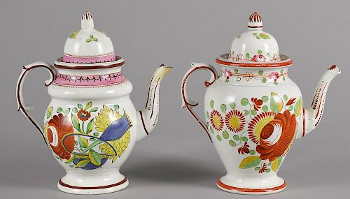 Two King's Rose pearlware coffee pots 19th c., one an oyster variant, 11 1/2'' h.
