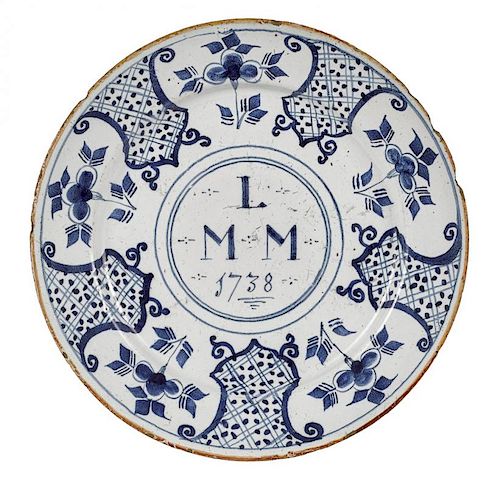 Rare Liverpool Delft plate of Chester County, Pennsylvania interest, dated 1738, initialed MML