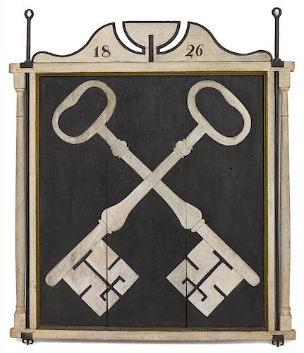 Painted pine double-sided trade sign, dated 1826, with two crossed keys on a black reserve with
