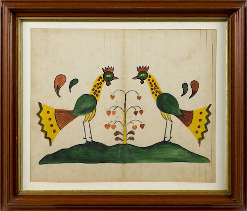 Pennsylvania watercolor fraktur drawing of two roosters, late 19th c., 12 1/2'' x 15''.