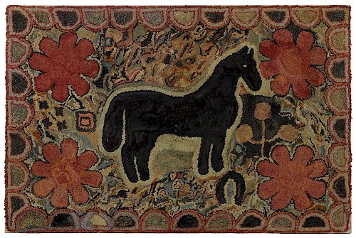 Large American hooked rug of a horse, 19th c., the central black figure surrounded by stylized flo