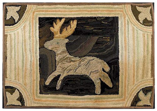 American hooked rug with deer, late 19th c., 31 1/2'' x 44 1/2''.
