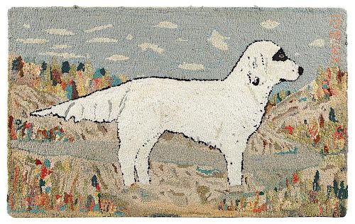 American hooked rug with dog, dated 1941, 22'' x 36''.