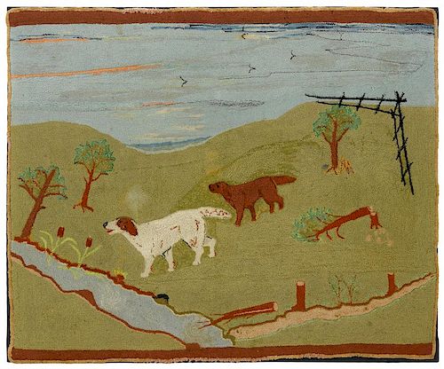 American hooked rug, early 20th c., depicting two hunting dogs in a landscape, 42'' x 50''.