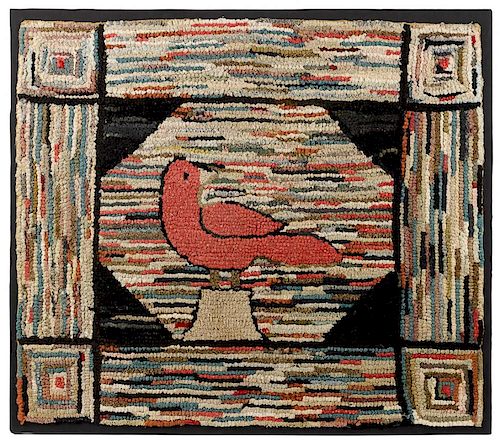 American hooked rug with songbird, late 19th c., 32'' x 36 1/2''.
