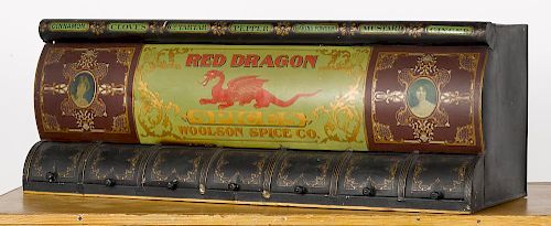 Painted tin Woolson Spice Co. bin, ca. 1900, 13 1/2'' x 38 1/4''.