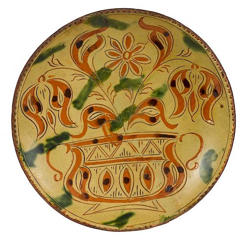 Bucks County, Pennsylvania sgrafitto redware charger, ca. 1810, attributed to Conrad Mumbauer, wit