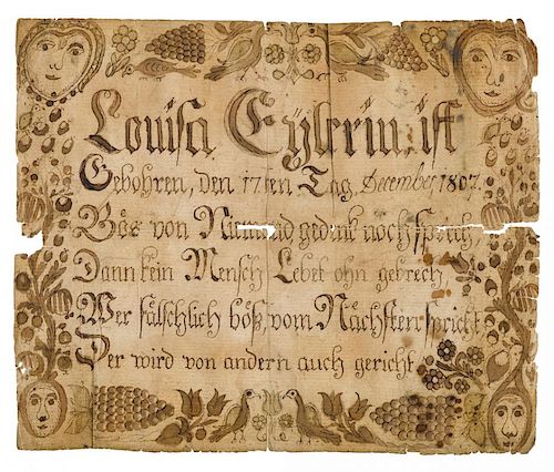 David Cordier (Ohio, early 19th c.), ink and watercolor fraktur birth certificate for Louisa Egler