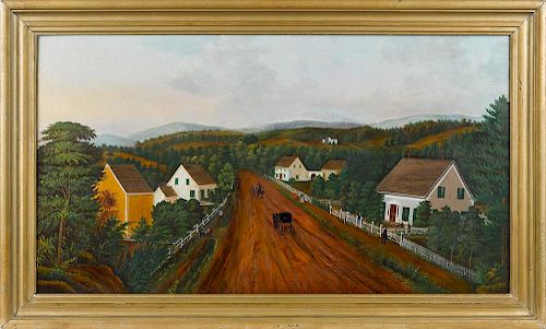 American oil on canvas landscape, 19th c., with figures and carriages on a country road, 19'' x 34''