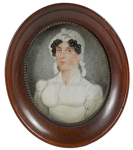 Miniature watercolor on ivory portrait of a woman, 19th c., 2 3/4'' x 2 1/4''.