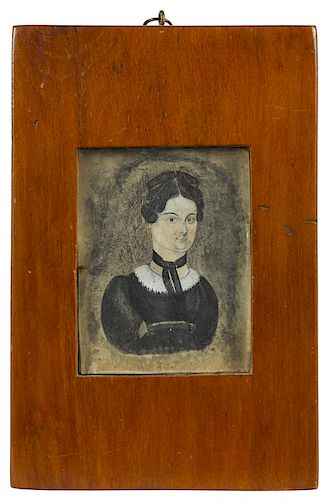 Miniature ink and watercolor folk portrait of a woman, ca. 1830, 3 1/2'' x 2 3/4''.
