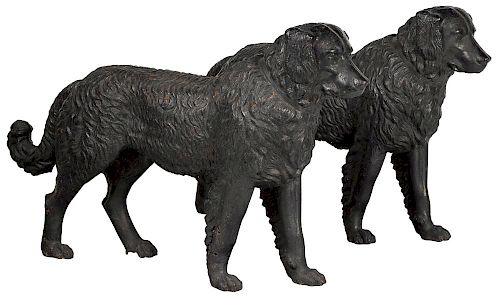 Important pair of Philadelphia Wood and Perot cast iron Newfoundland dog garden figures, ca. 1857-1