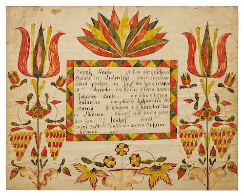 Abraham Huth (Lebanon County, Pennsylvania, active 1807-1830), ink and watercolor fraktur birth ce