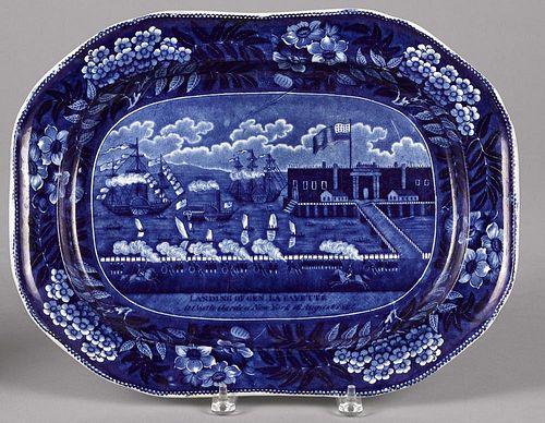 Historical blue Staffordshire Landing of Lafayette platter, 13'' l., 16 7/8'' w.